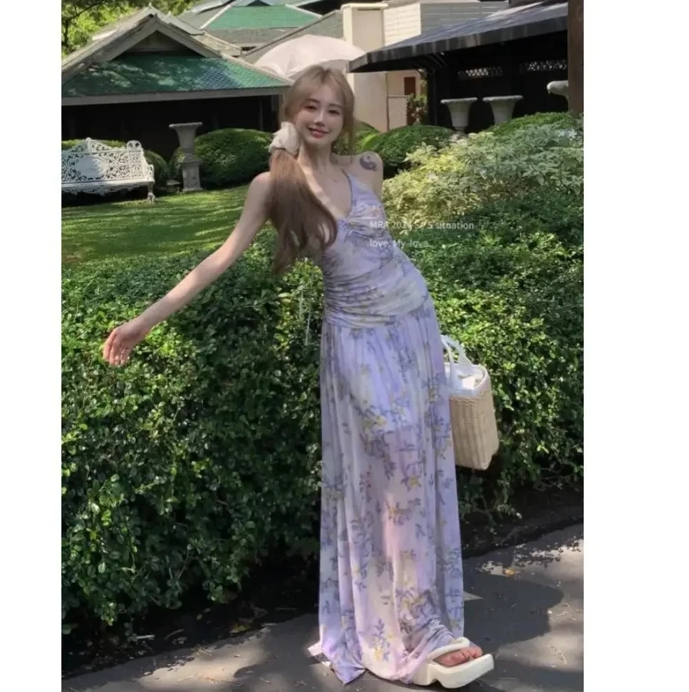 Women's French Vintage Floral Print Halter Neck Strap Dress Backless Elegant Waist Cinching Long Summer Dress Beach Holiday yle