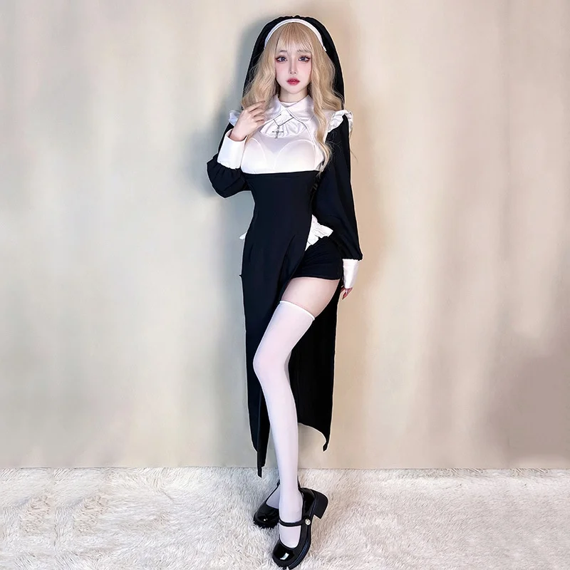 Sexy freira traje 2025 nova loween transformação enfermeira orm atraente masquerade vestido de baile feminino faion