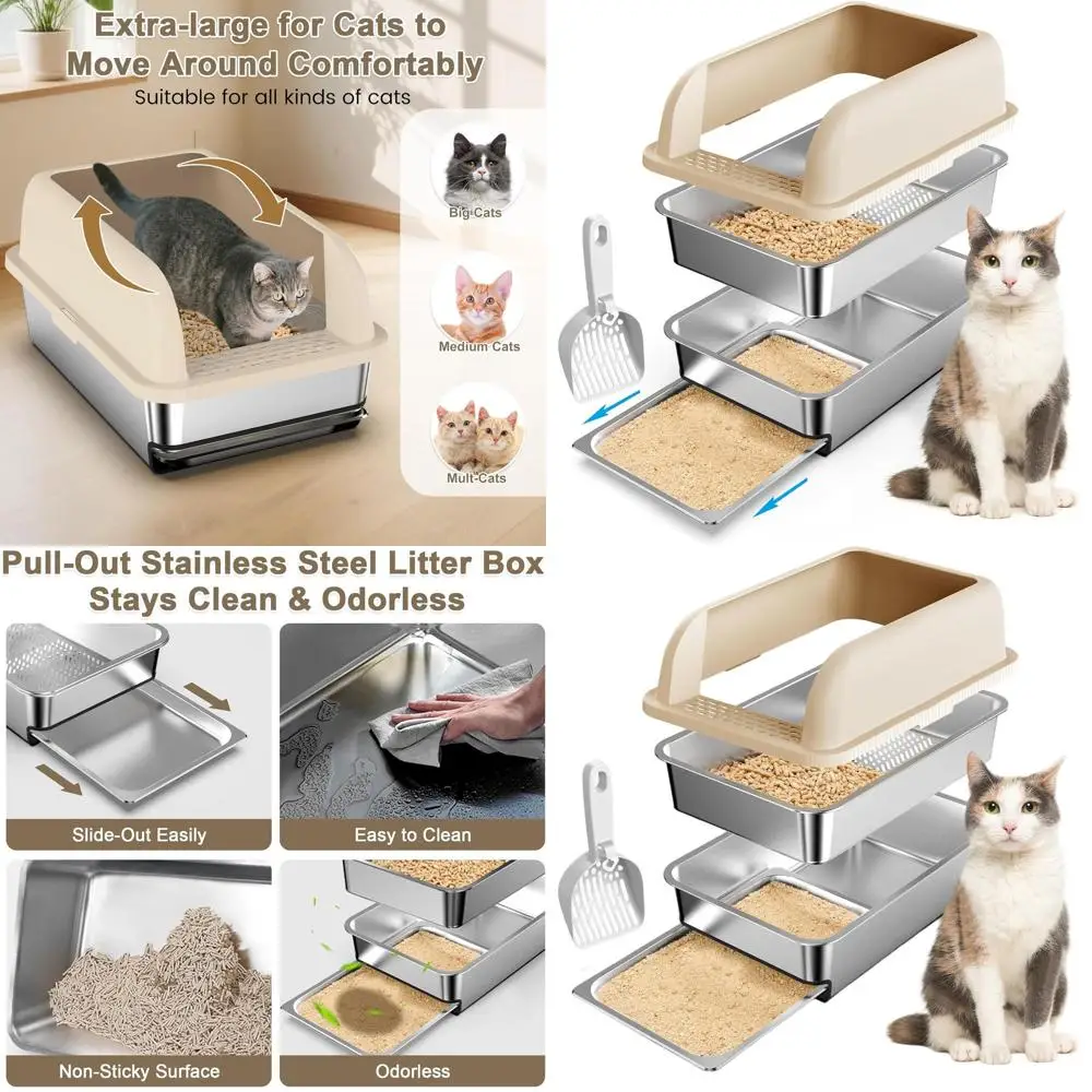 

Extra Large Stainless Steel Sifting Litter Box with Lid, 23.6x16x12, High-Sided for Pine Pellets, Anti-Leak, Easy Clean