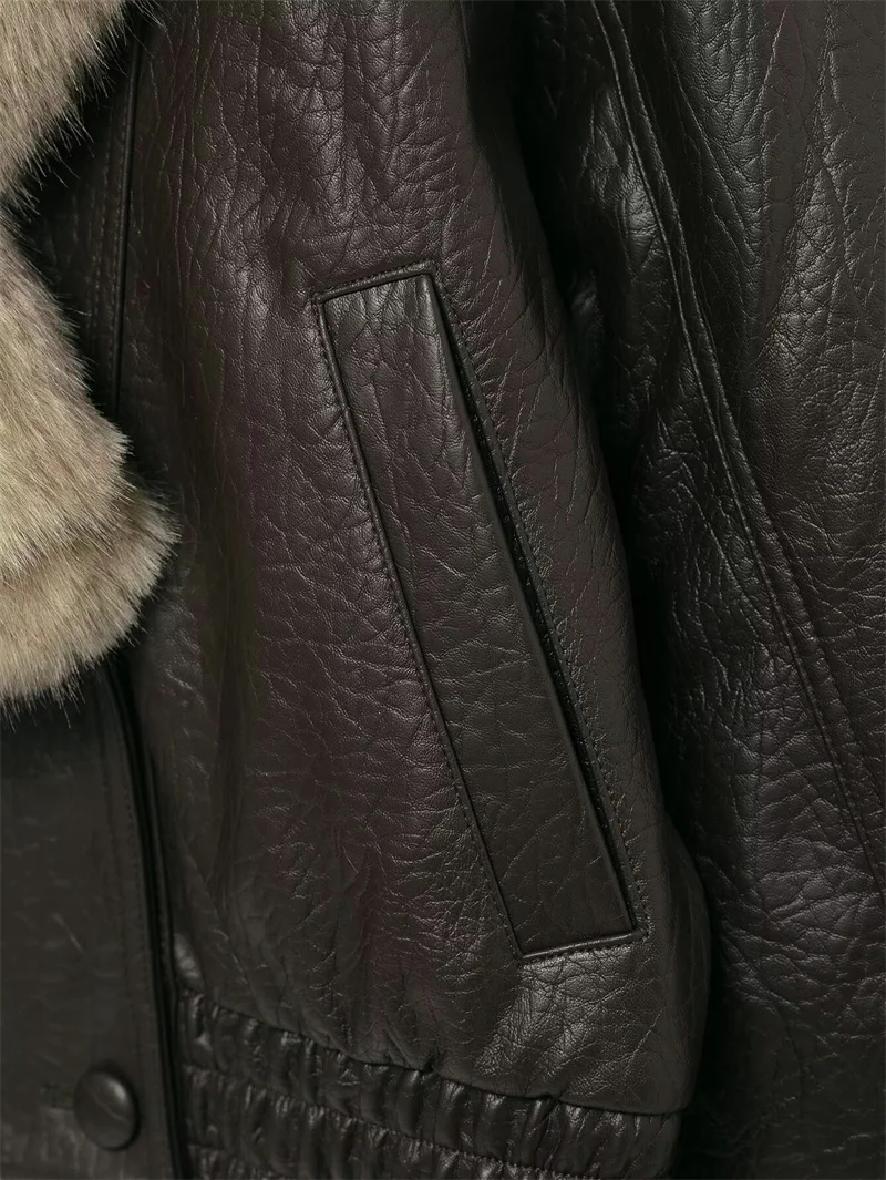 Women's Jacket 2025 Autumn/Winter New Style Dark Brown Long-Sleeve Faux Leather Jacket with Large Fur Collar Casual Fashion