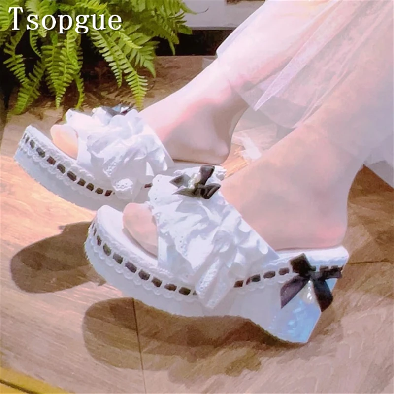 White Ruffled Lace Black Bow Lolita Mules Open Toe Platform Wedge Slide Sandals Princess Style Bridal Prom Summer Dress Shoes