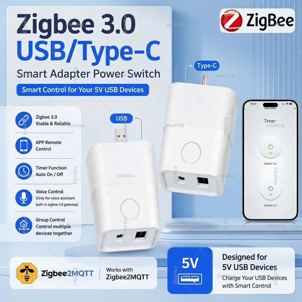 Zigbee Smart USB Adapter Switch Plug USB Type-C Ports Power Adaptor App Control Smart Automation For Home Assistant Zigbee2MQTT