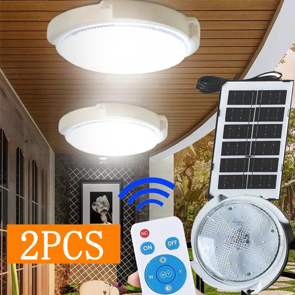 

2PCS Solar Indoor Lights for Home Solar Powered Ceiling Light 3 Lighting Colors with Remote and Timer for Barn Shed Garage