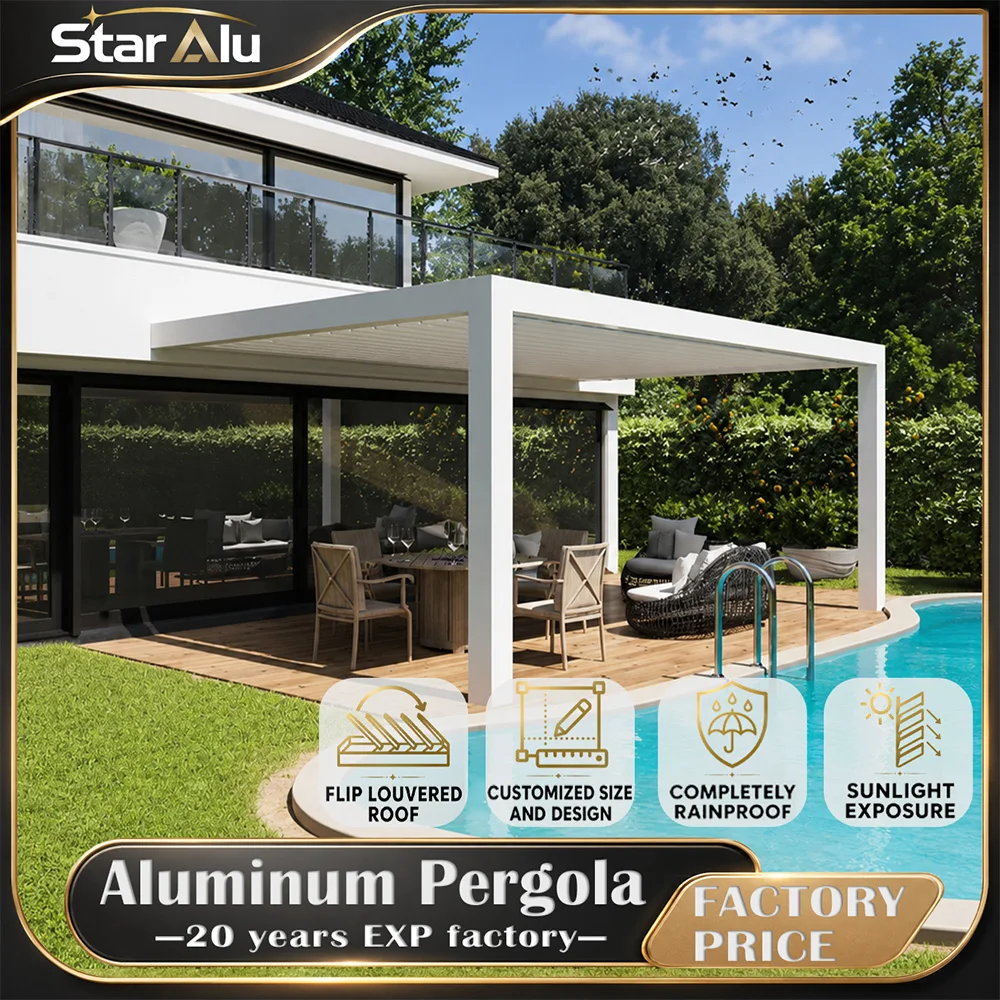 Luxury Aluminum Motorized Pergola Bioclimatic Louvered Roof Gazebo Waterproof Outdoor Garden Swimming Pool Modern Design 6063 T