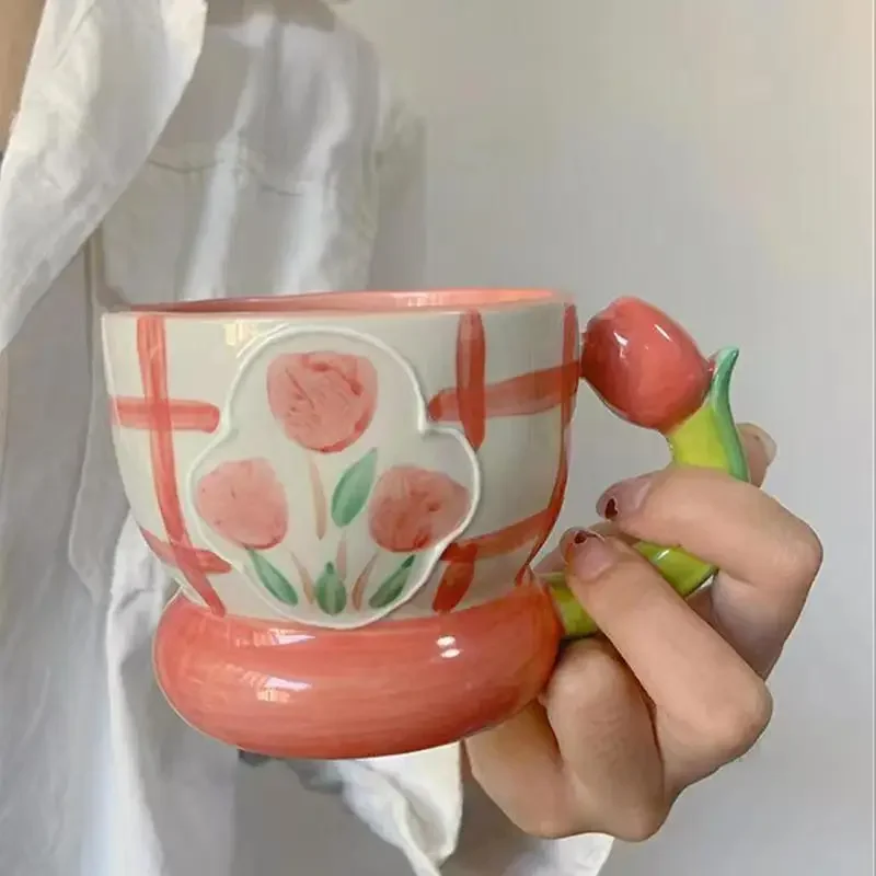 Creative Hand-Painted Three-dimensional Tulip Ceramic Cup Hand Pinching Flower Cup Large Capacity Mug Coffee Cup