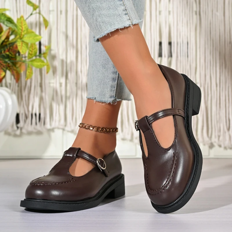 Low Heel Women Shoes  Buckle Strap Ladies Loafers Fashion Pu Leather Sewing Casual Shoes Outdoor Non-slip Walking Shoes