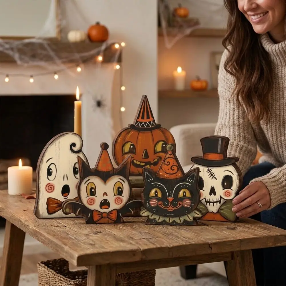 Cartoon Halloween Wooden Tabletop Sign Farmhouse Style Double Sided Pattern Ghost Pumpkin Owl Ornaments Integrated Hand Painted