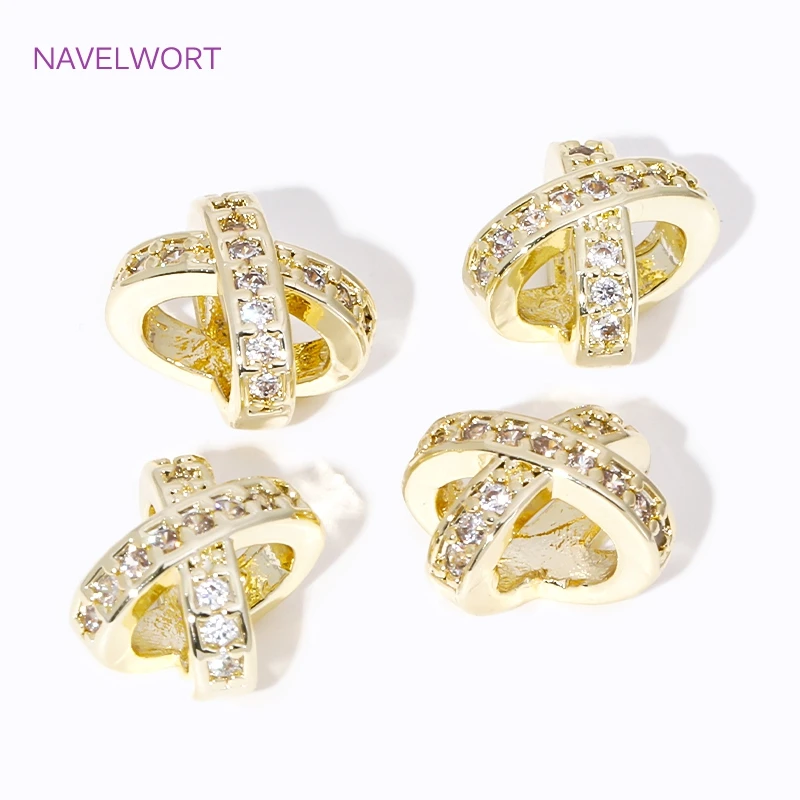 18K Gold Plated Brass Inlaid Zircon X-Shaped Porous Spacer Beads,Beads Separator,For DIY Jewelry Making Accessories Wholesale