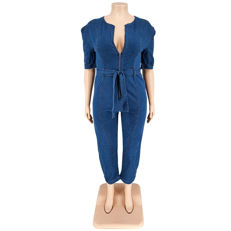 Benuynffy Plus Size Half Zipper Front Belted Jeans Jumpsuit Women 2025 New Streetwear Puff Sleeve Fashion Washed Denim Jumpsuit image 5