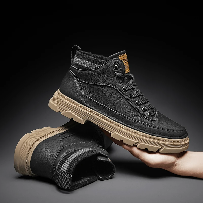 

British Style Leather Shoes Men Comfortable Non-Slip High Top Work Shoes For Men Casual Shoes Outdoor Lace-up Men's Ankle Boots