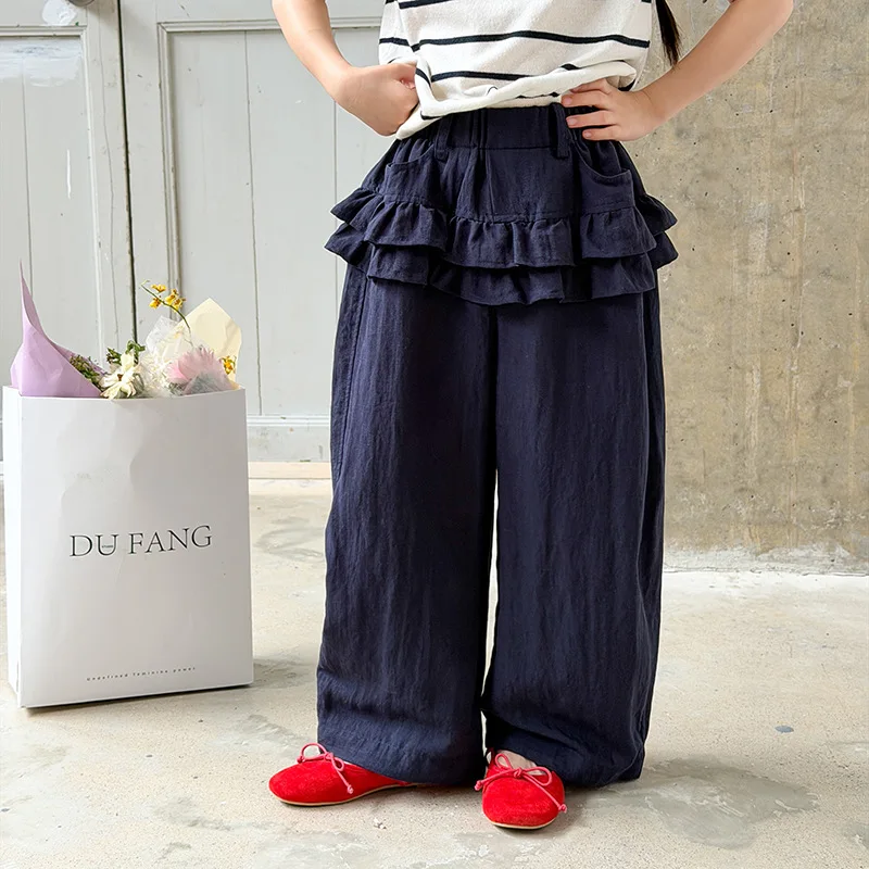 Girls' pants, children's sweet fake two-piece layered feeling, lightweight, breathable, fashionable lace curtain skirt pants