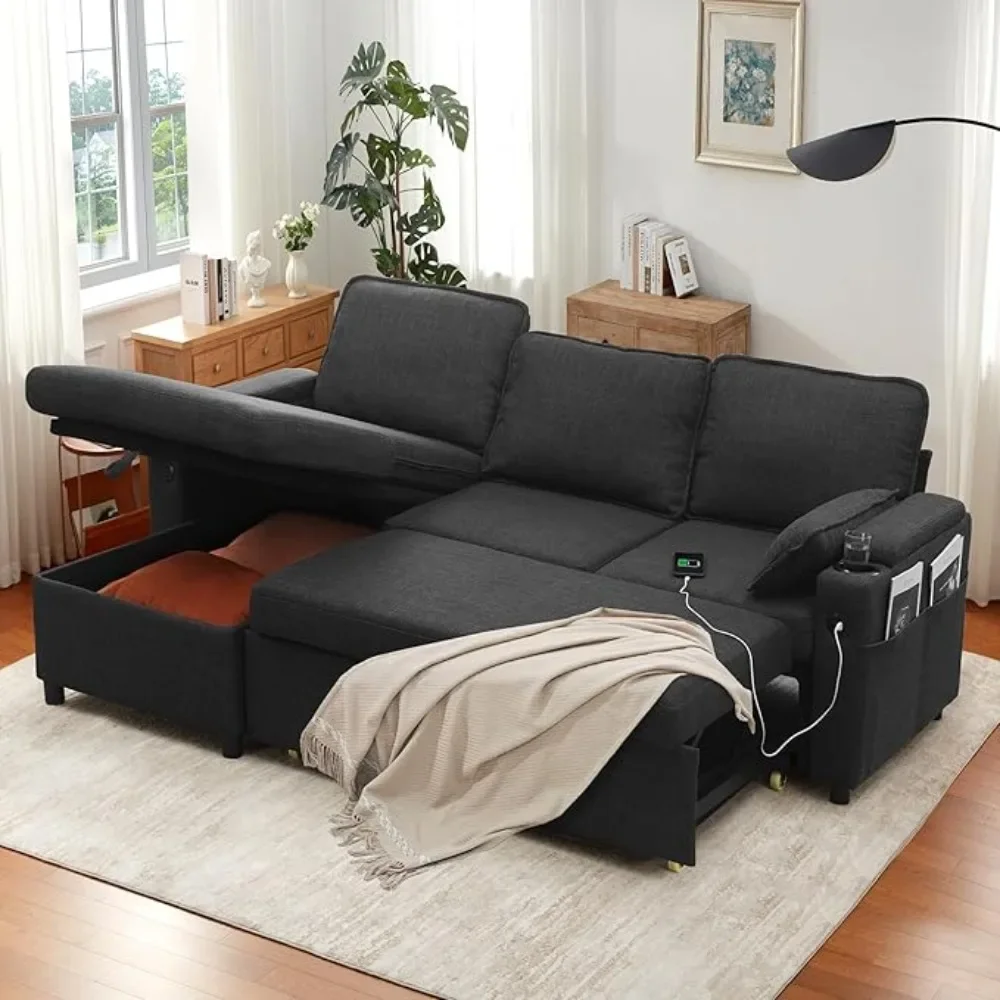 Divano letto, divano letto con letto estraibile per soggiorno, divano a L con chaise longue portaoggetti, USB, portabicchieri