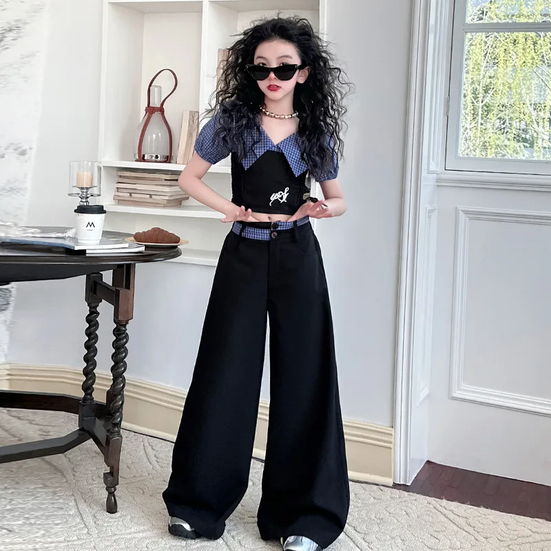 Trendy Girls' V-neck Large Lapel French Elegan Plaid Shirt Tops And Pants Set Summer New Sweet short-sleeved two-piece Set