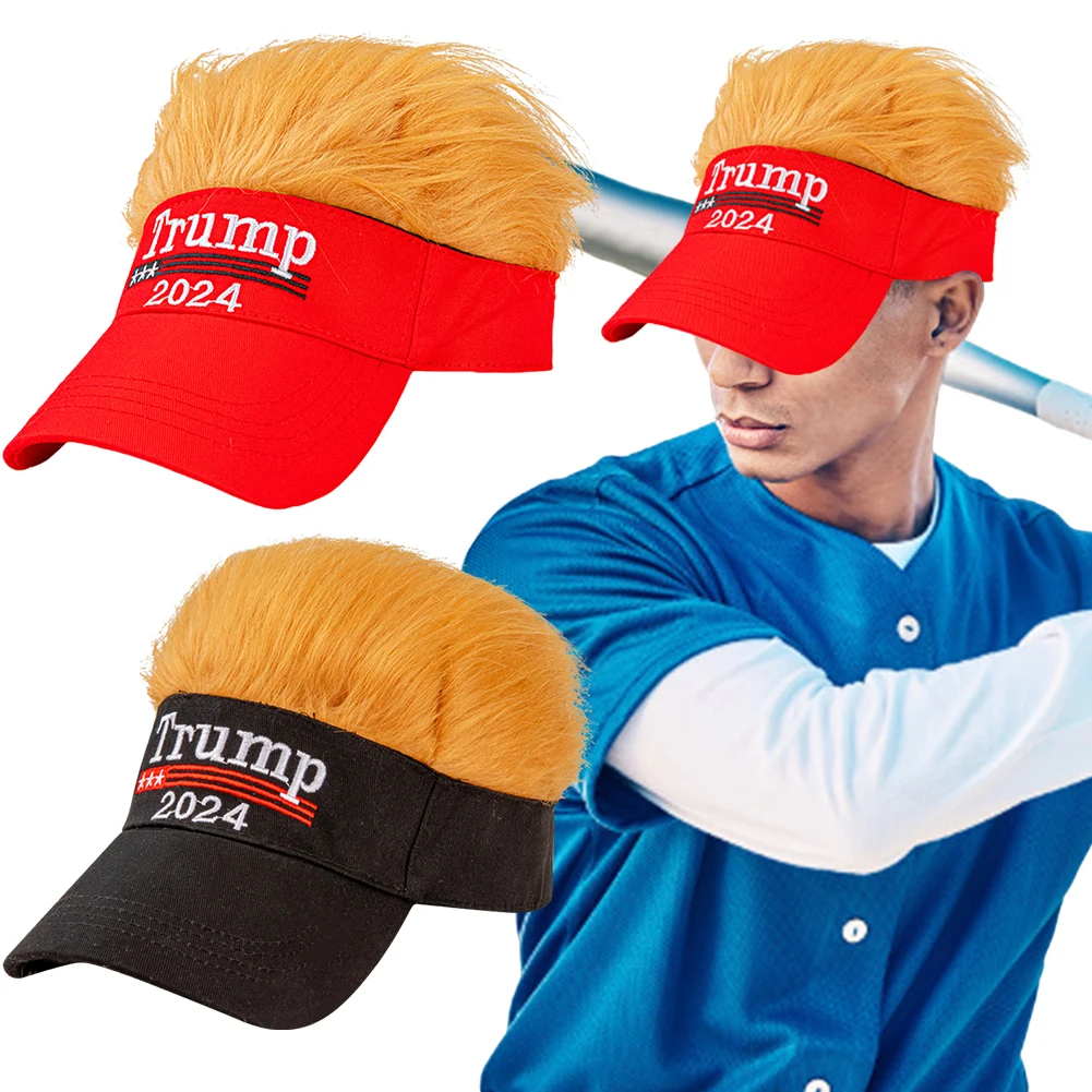 Trump 2024 Hat with Hair Sun Protection Hat Adjustable Embroidered Baseball Cap Breathable Wigs Half Hat for Outdoor Sports