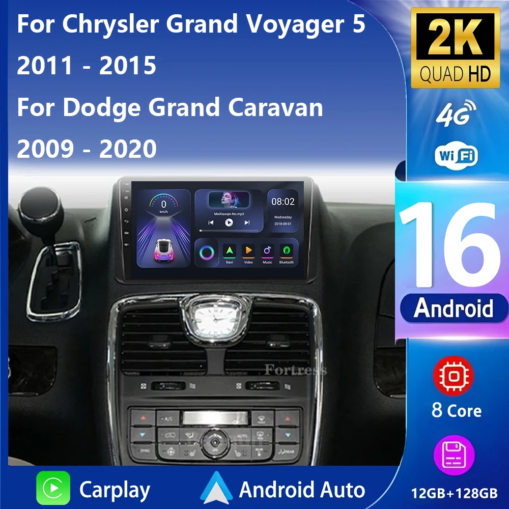Android 16 Carplay Auto para Chrysler Grand Voyager 5 2011-2015 para Dodge Grand Caravan 2008-2020 Radio de coche reproductor Multimedia GPS