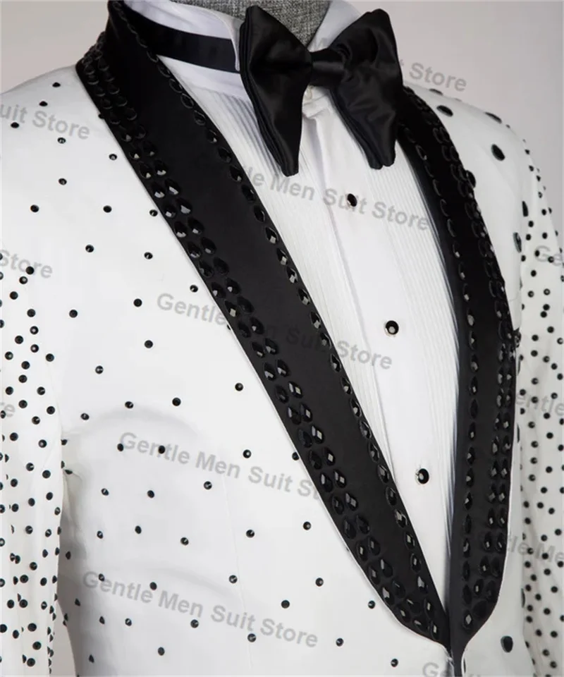 White Luxury Crystals Men Suits 2 Piece Blazer+Black Cotton Pant Wedding Tuxedo Coat Customized Formal Office Jacket Trouser