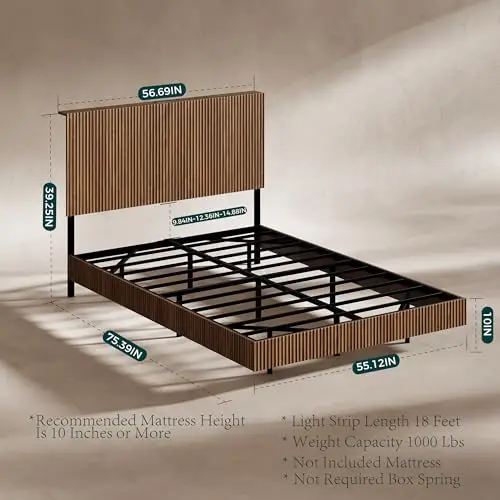Walnut Full Floating Bed Frame with Headboard | Mid Century Modern Fluted Platform Bed with LED Lights, Heavy Duty