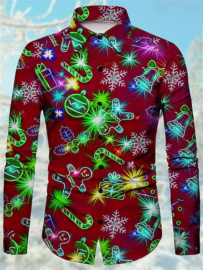 Colorful Gingerbread Man 3D Printing Men's Long-sleeved Shirt New Year's Carnival Men's Fashion Christmas Shirt Casual Men Shirt