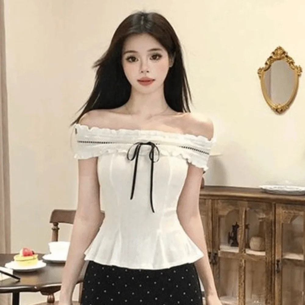 White Off-shoulder Ruffle Shirt Korean Y2K Ins Pleated Collar Ruffle Shirt Tops Lace-up Cute Bow Spicy Girl Style