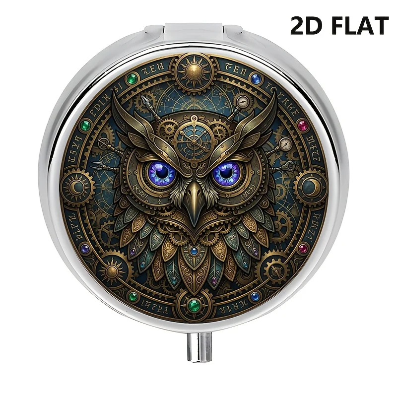 Flat pill box, single pack, artistic owl design pill box, featuring steampunk gears and celestial symbols, small pill box suitable for daily use and travel, ideal for personal outdoor trips and office medication reminders
