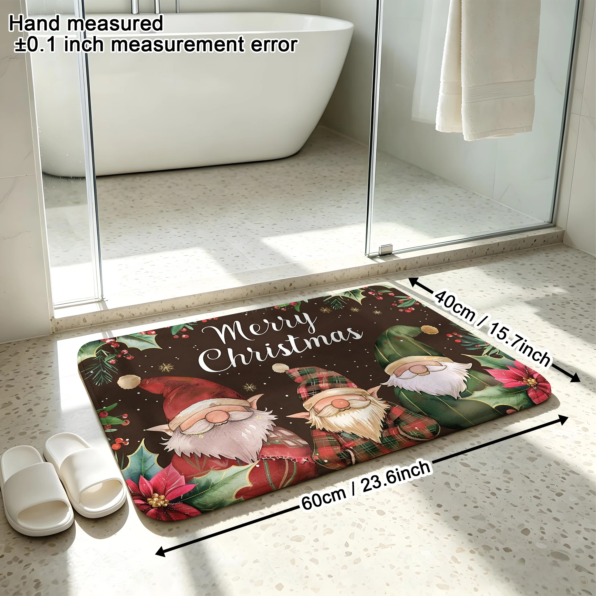 Watercolor Plaid Gnome Poinsettia Print Plush Absorbent Sponge Mat,Bathroom Non‑Slip Mat & Decorative Door Mat