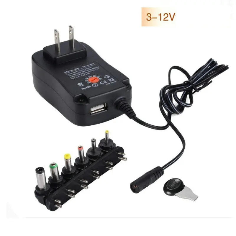3-12V Adjustable Voltage Power Adapter, European and American Standard Multifunctional 30W Power Supply with Multiple Plugs