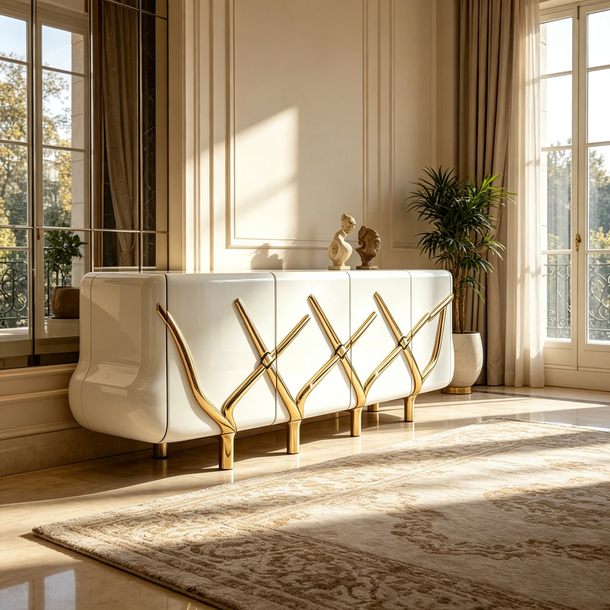 M*-Gloss White Curved Fiberglass Sideboard Intersecting X Shape Gold Metal Legs 5 Door Storage Cabinet