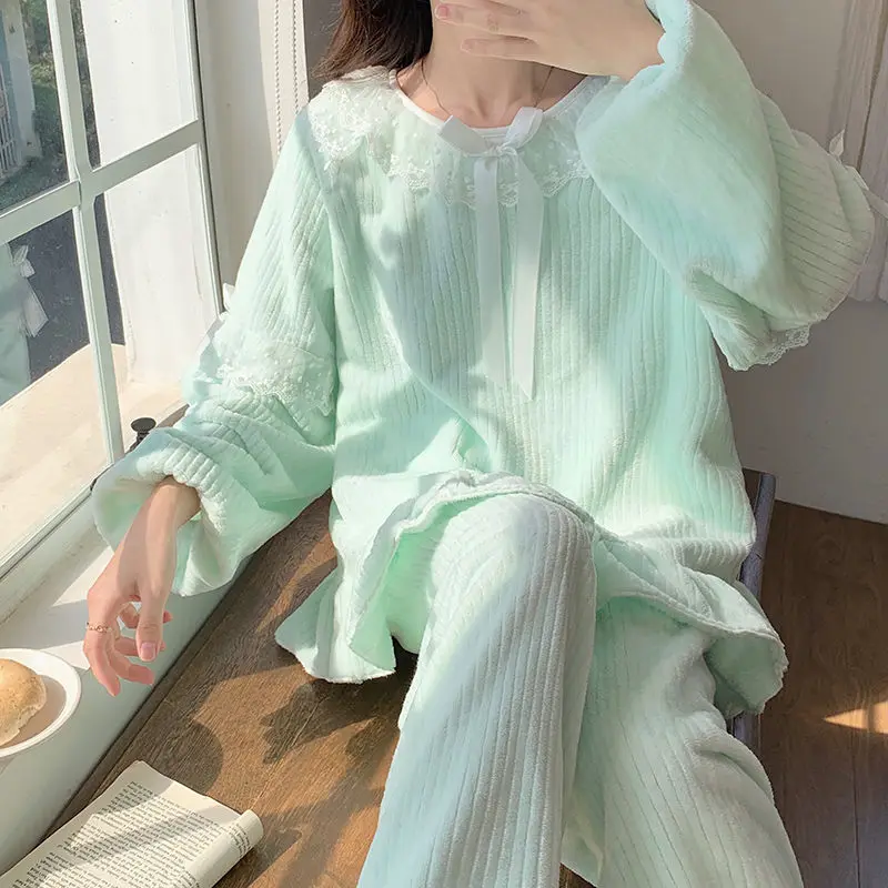 Pajama Sets Women Kawaii Lace Patchwork Trendy Lovely Ladies Sleepwear Simple Soft Schoolgirls Preppy Style Lounge Baggy Leisure