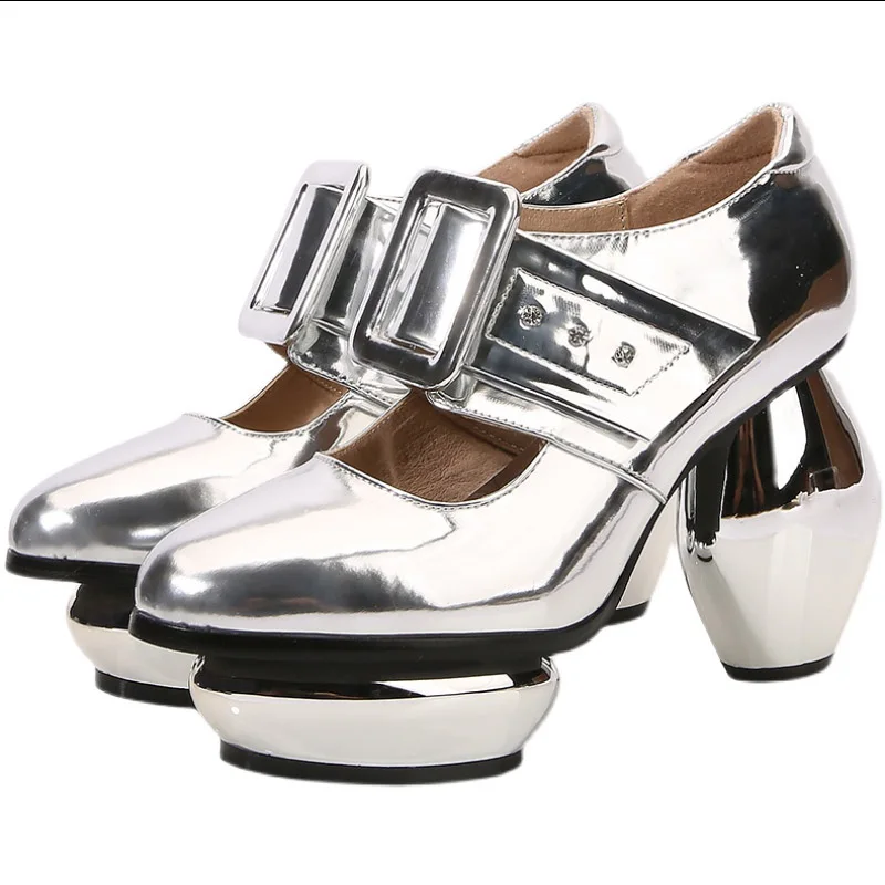 

Shaped-Heel Platform Patent Leather Pumps Woman 2024 Round Toe Belt Buckle Hook & Loop High-Heeled Shoes for Women Fashion