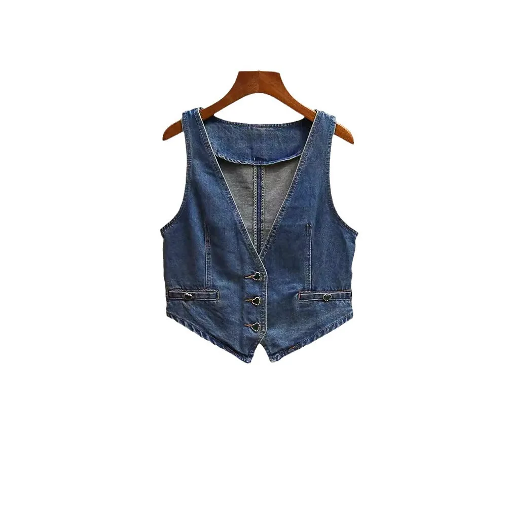 Baga Donna ort Gilet di jeans V-Ne Heart Bule Faionable Retro Blu Jaet Foderato in cotone Stagione autunnale Altro Sle