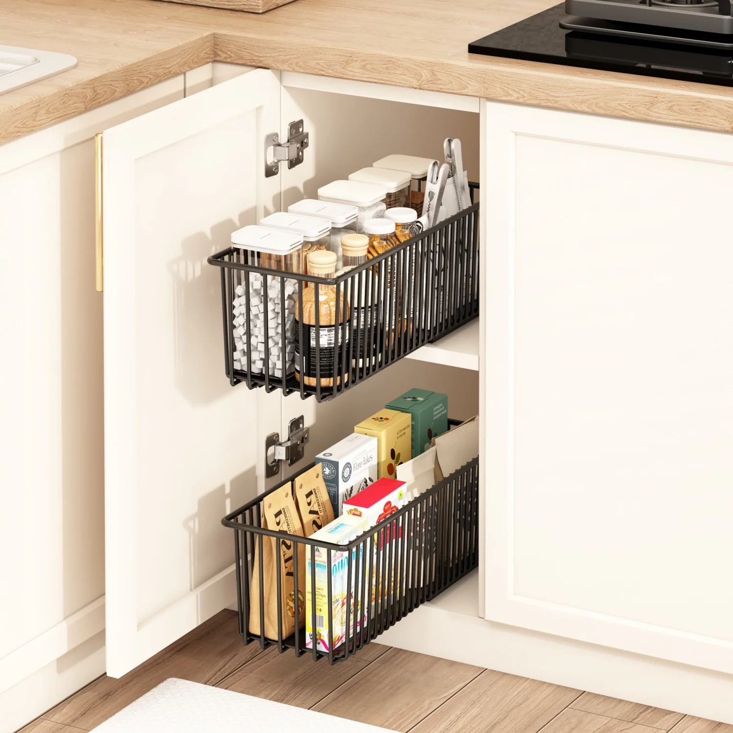 

2 Pcs Pull Out Cabinet Organizer Heavy Duty Carbon Steel Slide Out Drawers Sliding Pantry Shelves For Kitchen Cabinet