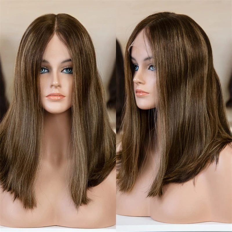 

13x4 High Quality Synthetic Wig Ombre Brown with Honey Straks Balayage Glueless Lace Front Wig Pre Plucked Hairline Straight Bob