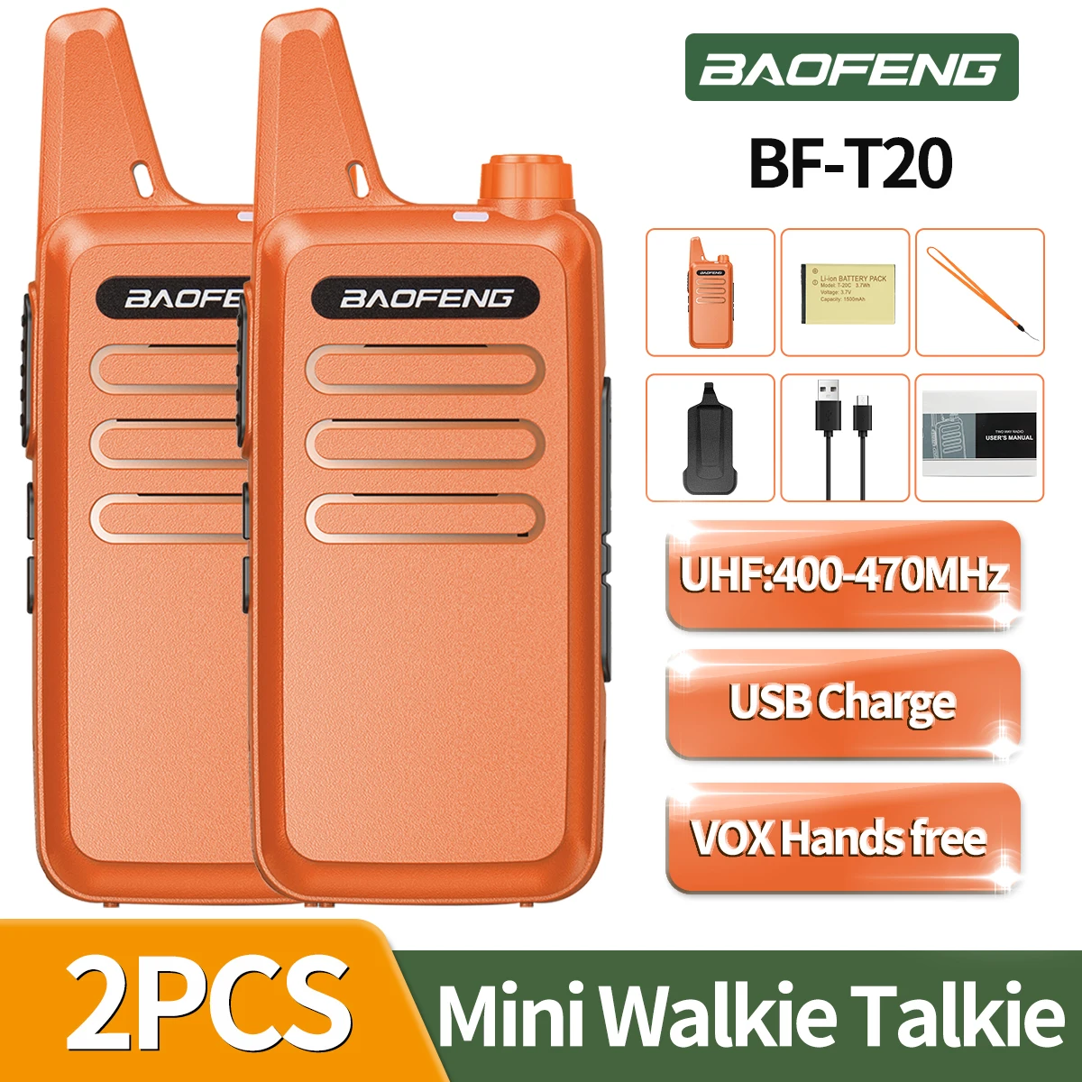 2X Baofeng BF-T20 Mini Walkie Talkie USB Charging UHF Protable Radio For BF-888S KD-C1 Handheld Two Way Radio for Hotel