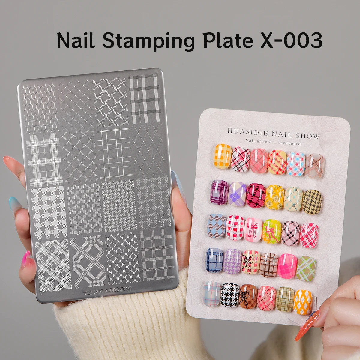 1 Stück Nagel-Stempelplatte mit 30 Mustern, karierte geometrische Nagelkunst-Schablone, Metall-Stempelplatte für professionelle Maniküre, DIY-Nagel – Detail 2