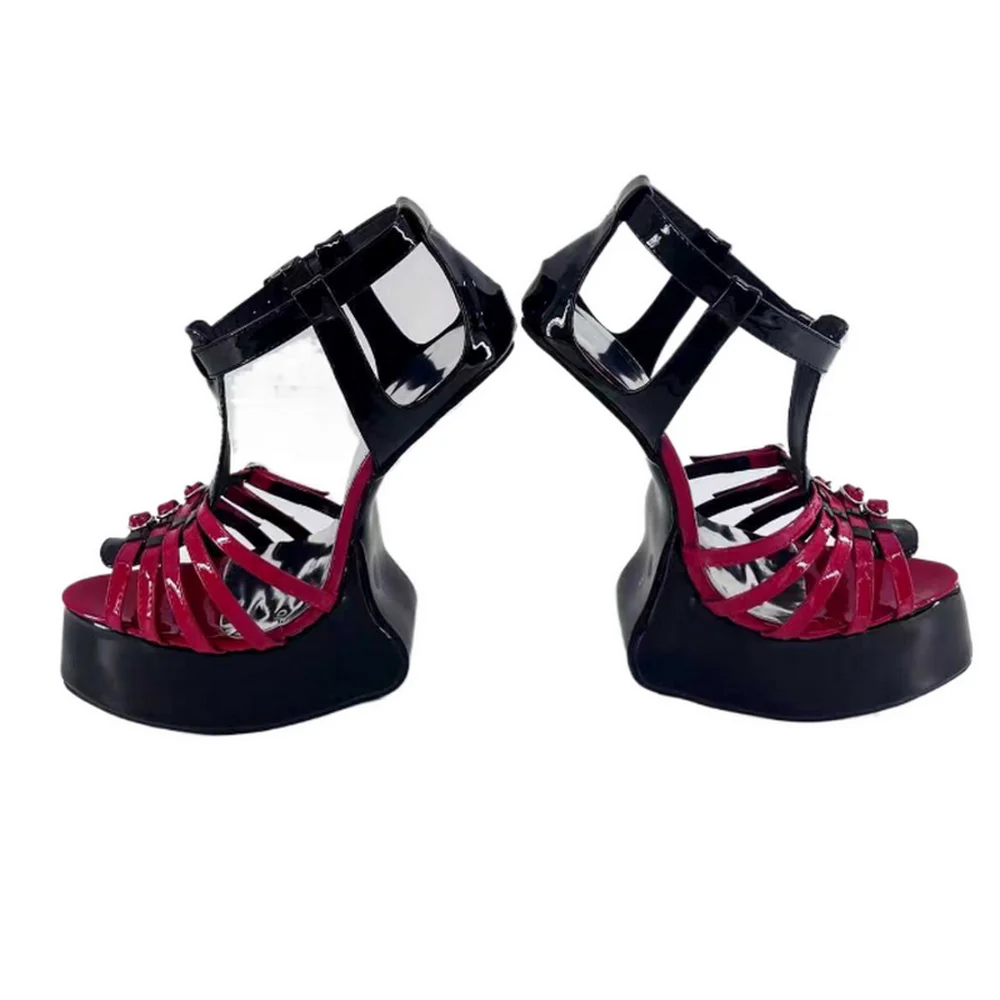 

CACA 20cm High Heelless Sandals,Women Stage Show Dancing Shoes,Unisex Summer Heels,Ankle Strap,Peep Toe,Red,Customizd Colors