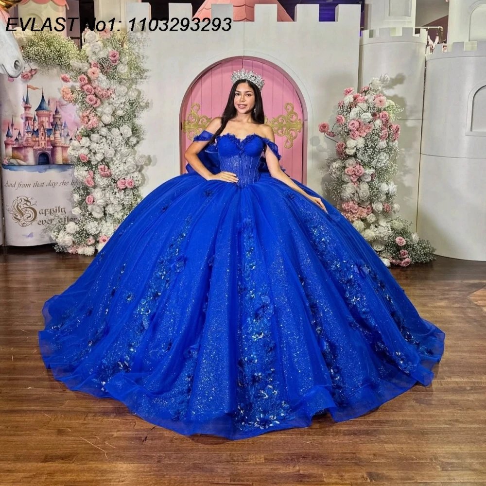 

EVLAST Customized Mexican Royal Blue Quinceanera Dress Ball Gown Floral Applique Beaded Bow Sweet 16 Vestidos De 15 Anos E1QN798