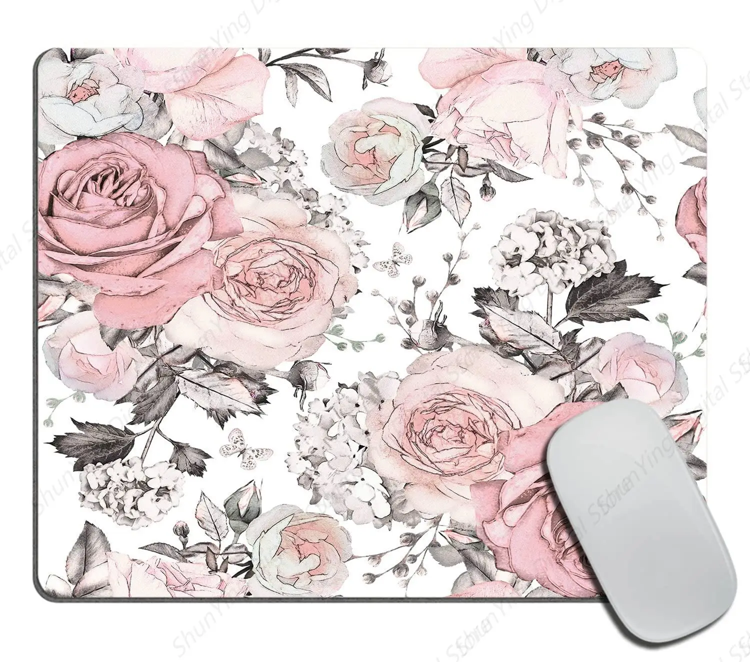 

Computer Mouse Pad Gift Retro Spring Flower Branch Rose Pink Grey Personalized Design Game Mouse Pad 25*30cm