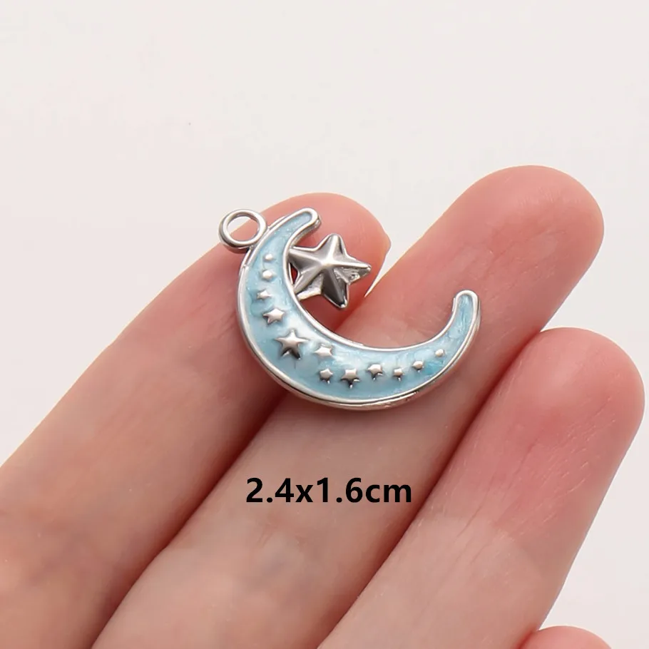 6 Stück Großhandel Blaue Emaille Sonne Mond Stern Anhänger Wicca Zubehör Edelstahl Charms für Schmuckherstellung Halskette Taschenanhänger – Detail 10