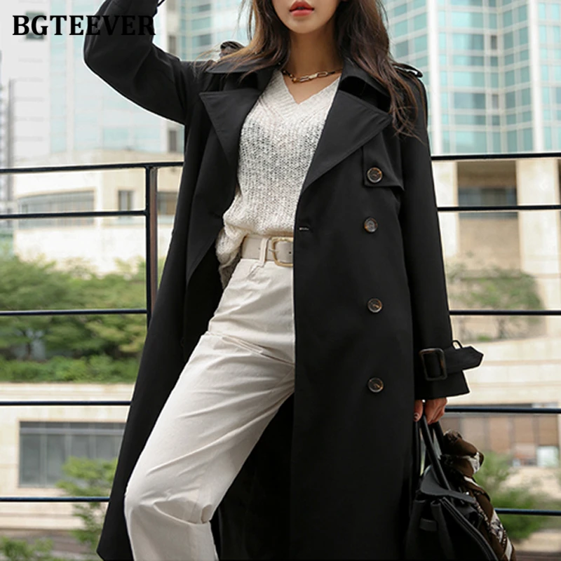 BGTEEVER Elegant Lapel Female Windbreaker Long Sleeve Loose Belted Double Breasted Women Trench Coats Autumn Winter Overcoats