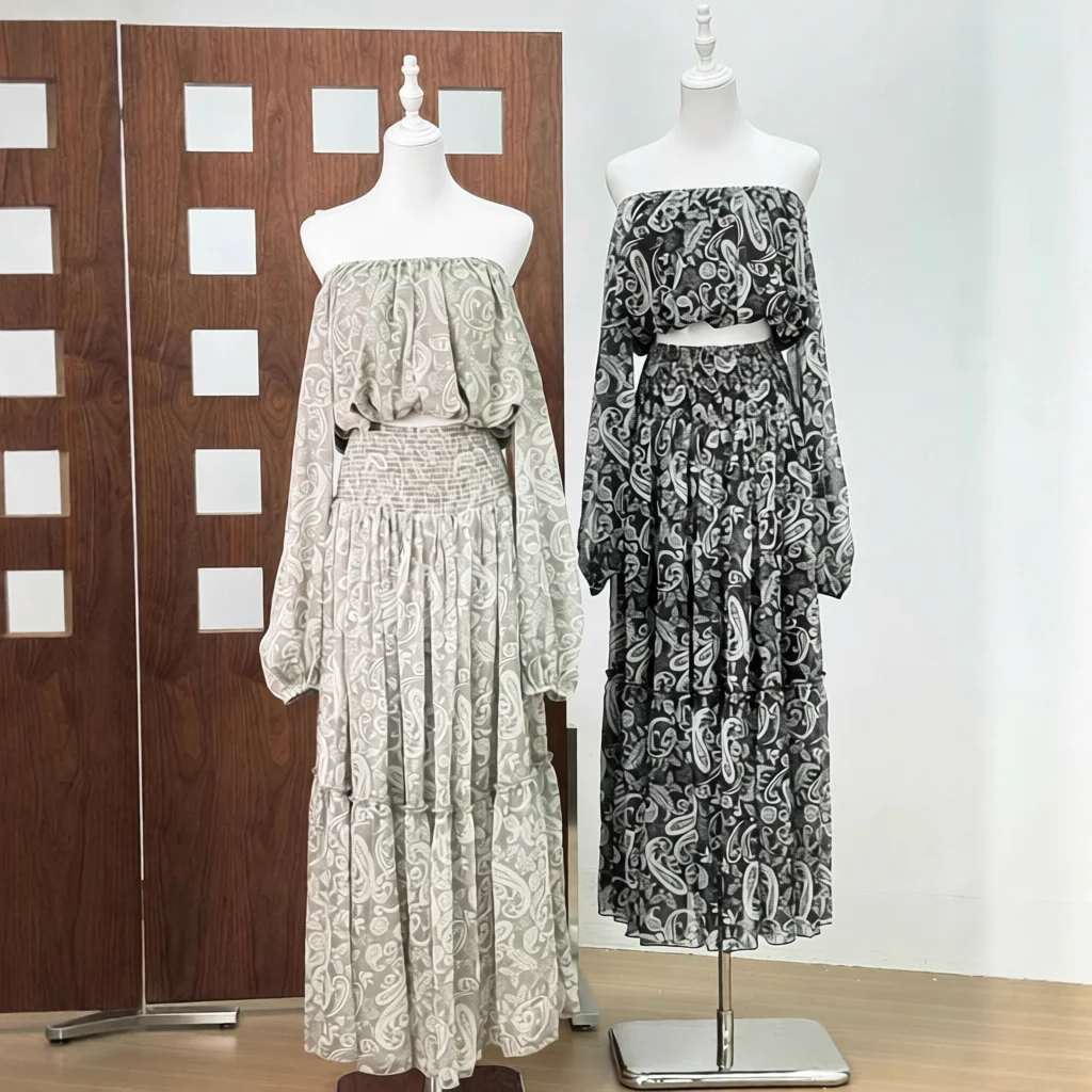 

Bohemian Vacation Style Totem Print One Shoulder Chiffon Top Half Length Skirt Two Piece Set Women's Fashion Summer Outfit