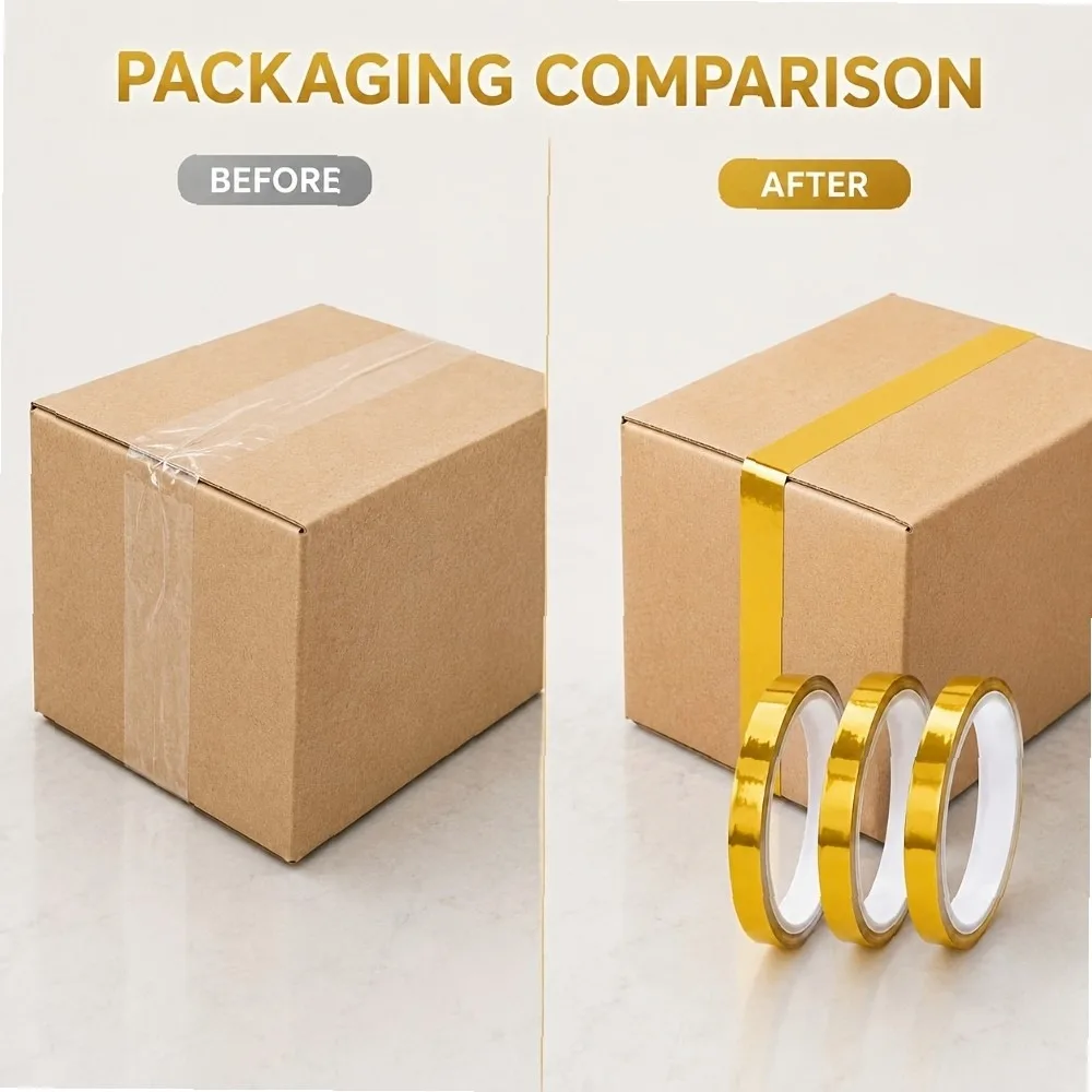 Gold Sealing Tape 3 Rolls 1.2cm x 50m Shiny Glitter Packing Tape for Boxes Gift Wrapping Decorative Adhesive Tape