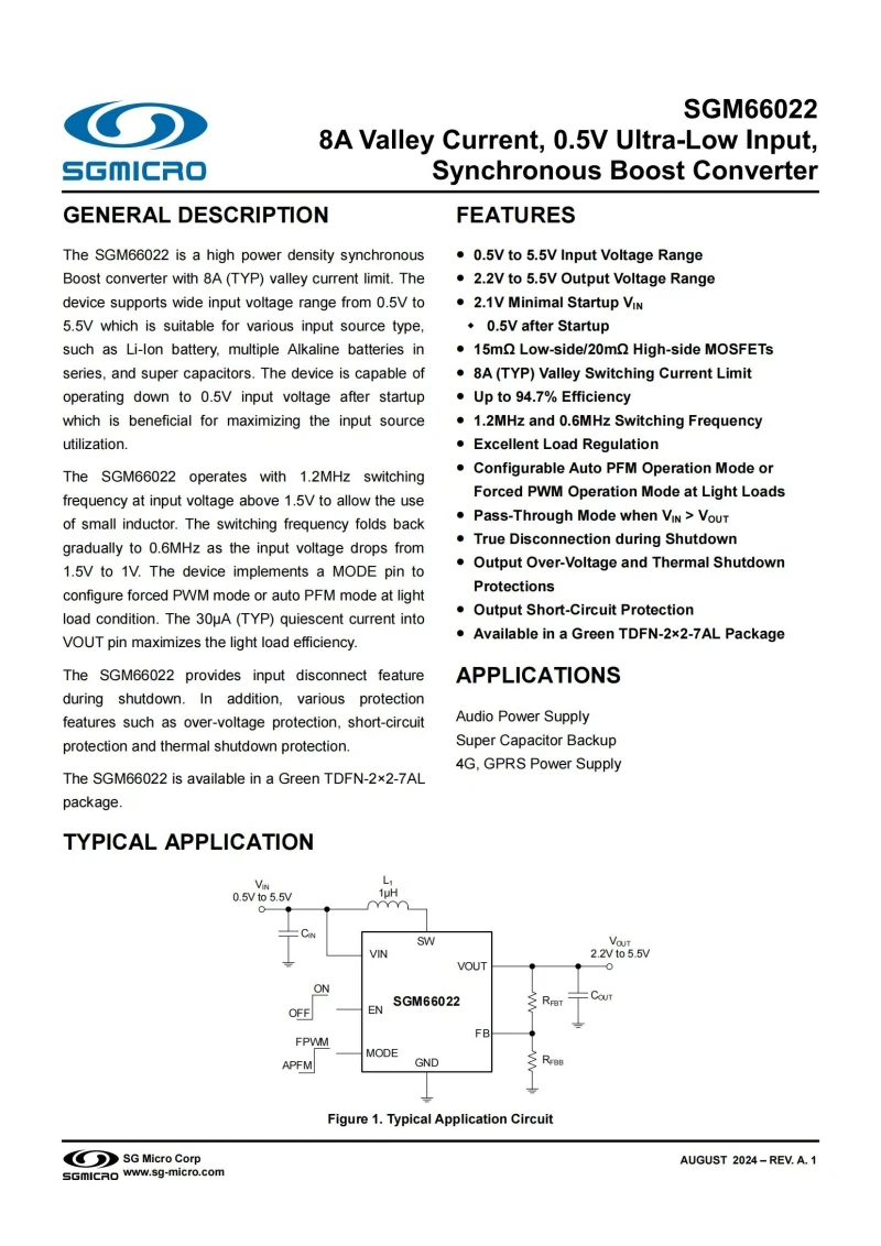 10Pcs/Lot SGM66022XTHD7G/TR TDFN-7,SGM66022,Marking 0GS,8A Valley Current,0.5V Ultra-Low Input, Synchronous Boost Converter