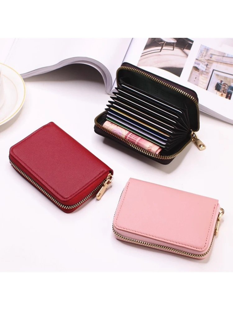 Porte-cartes en cuir véritable pour hommes et femmes, petit portefeuille à fermeture éclair, porte-monnaie solide, conception accordéon, sacs pour cartes de crédit d'affaires RFID ID