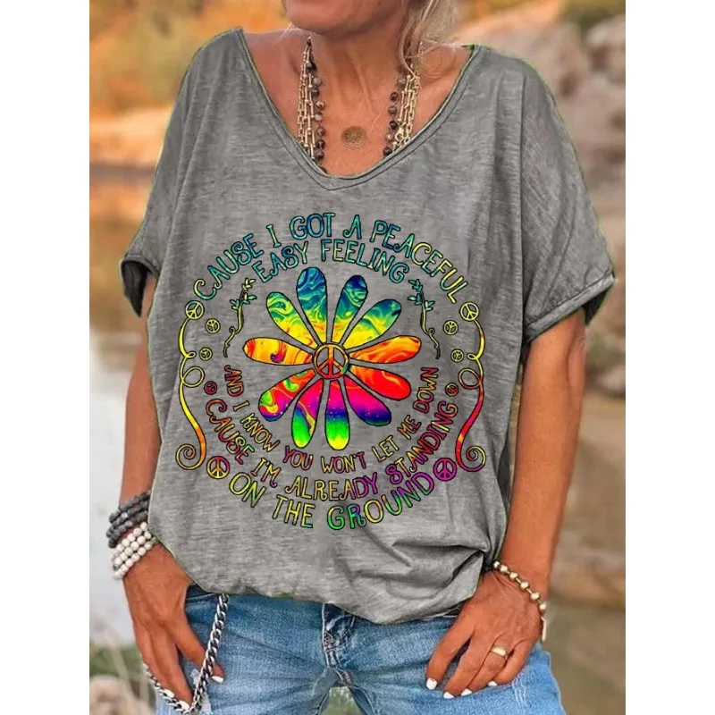 ilstile Women's Hippie Flower Print T-Shirts  Summer Beach Short Sleeve Casual Loose V Neck Tops Black Tees Hot Sale