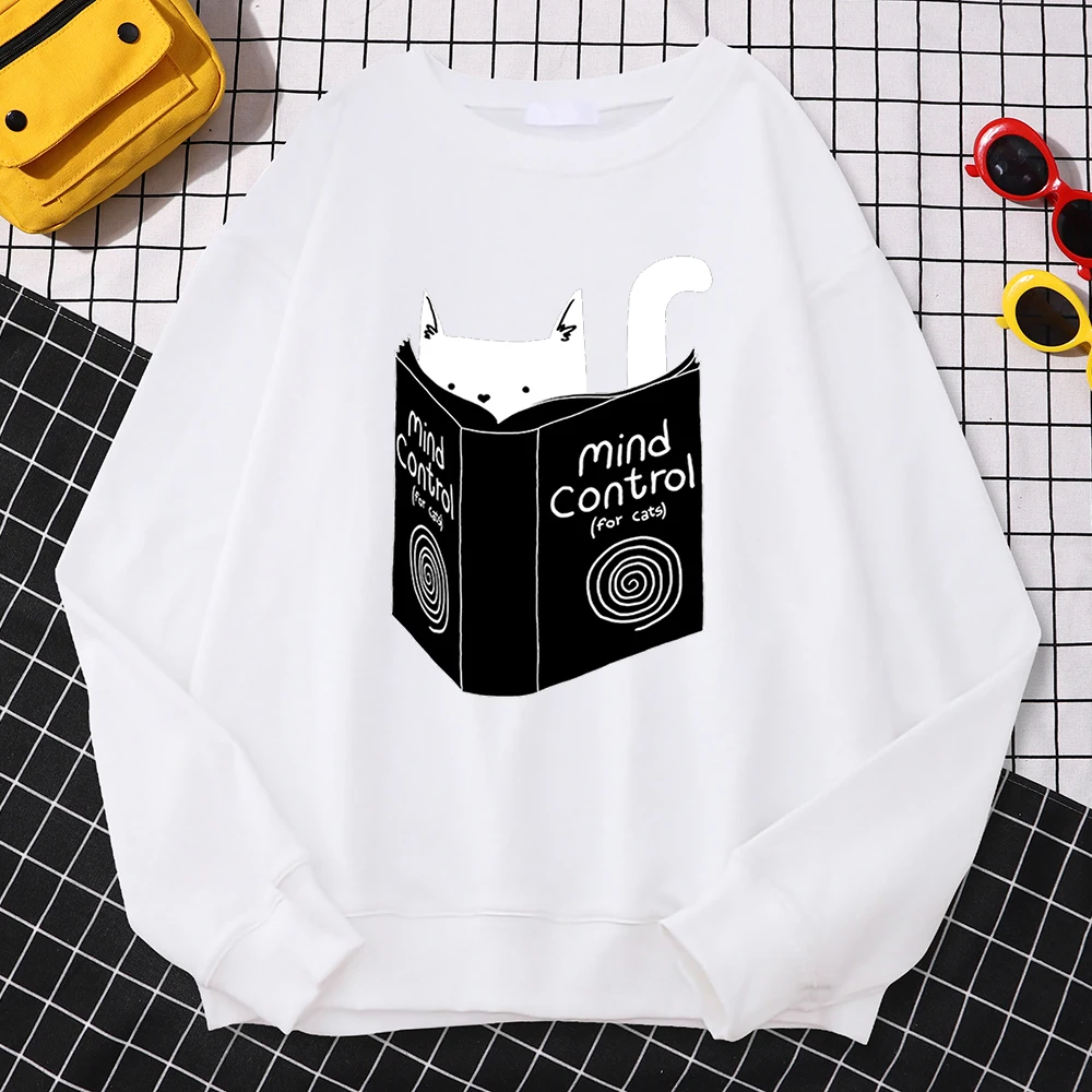 Autumn Winter Women Pullover Cats Mind Control Book Printing Hoodie Loose Comfortable Sweatshirt Fleece All-Math Female Clothes