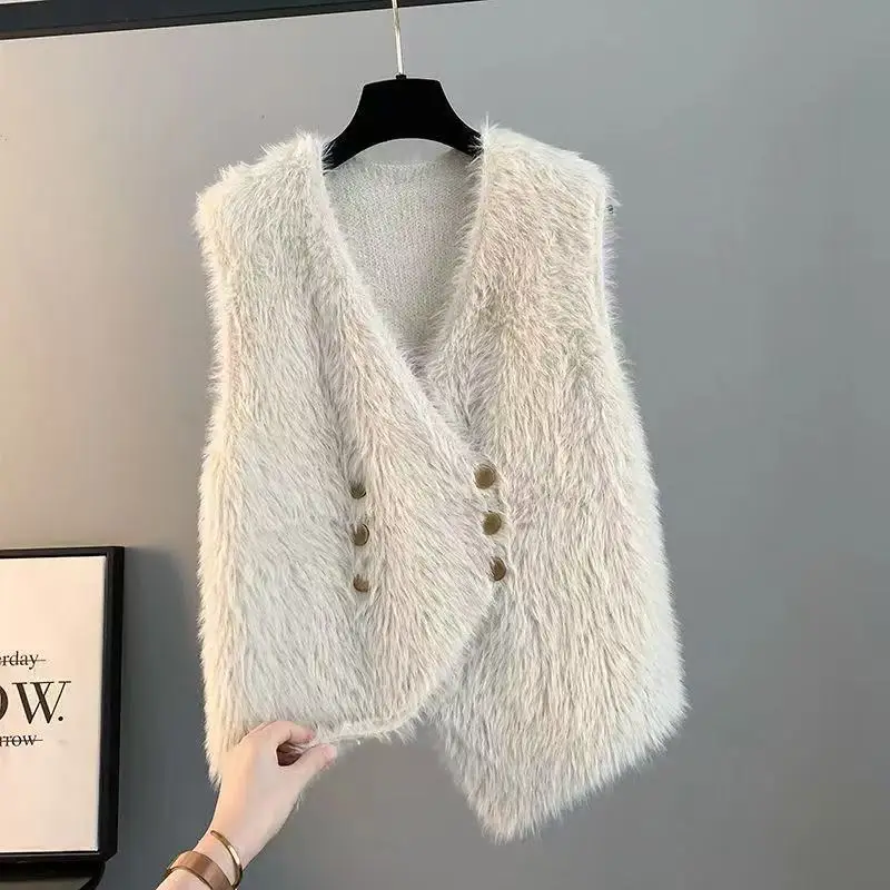 New 2025 Autumn Winter Sleeveless Vest Women with Double-breasted Faux Mink Velvet High-quality Fashion Waistcoat Knitted Top
