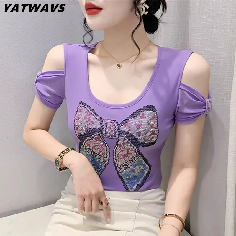 

Runway New Summer European Clothes T-Shirt Chic O-Neck Shiny Diamonds Bow Women Tops Sexy Off Shoulder Short Sleeve Girl Tees