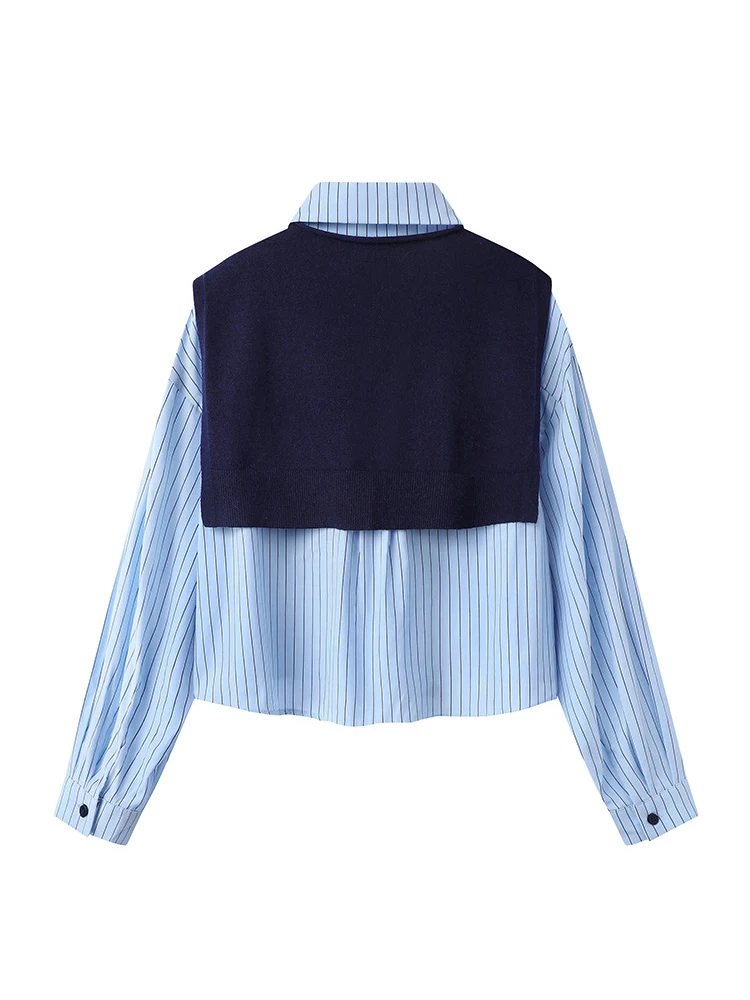 طقم نسائي أنيق من قطعتين بجودة أصلية، قميص محبوك مخطط وشال، أسلوب كوري عصري بأكمام طويلة وياقة بولو