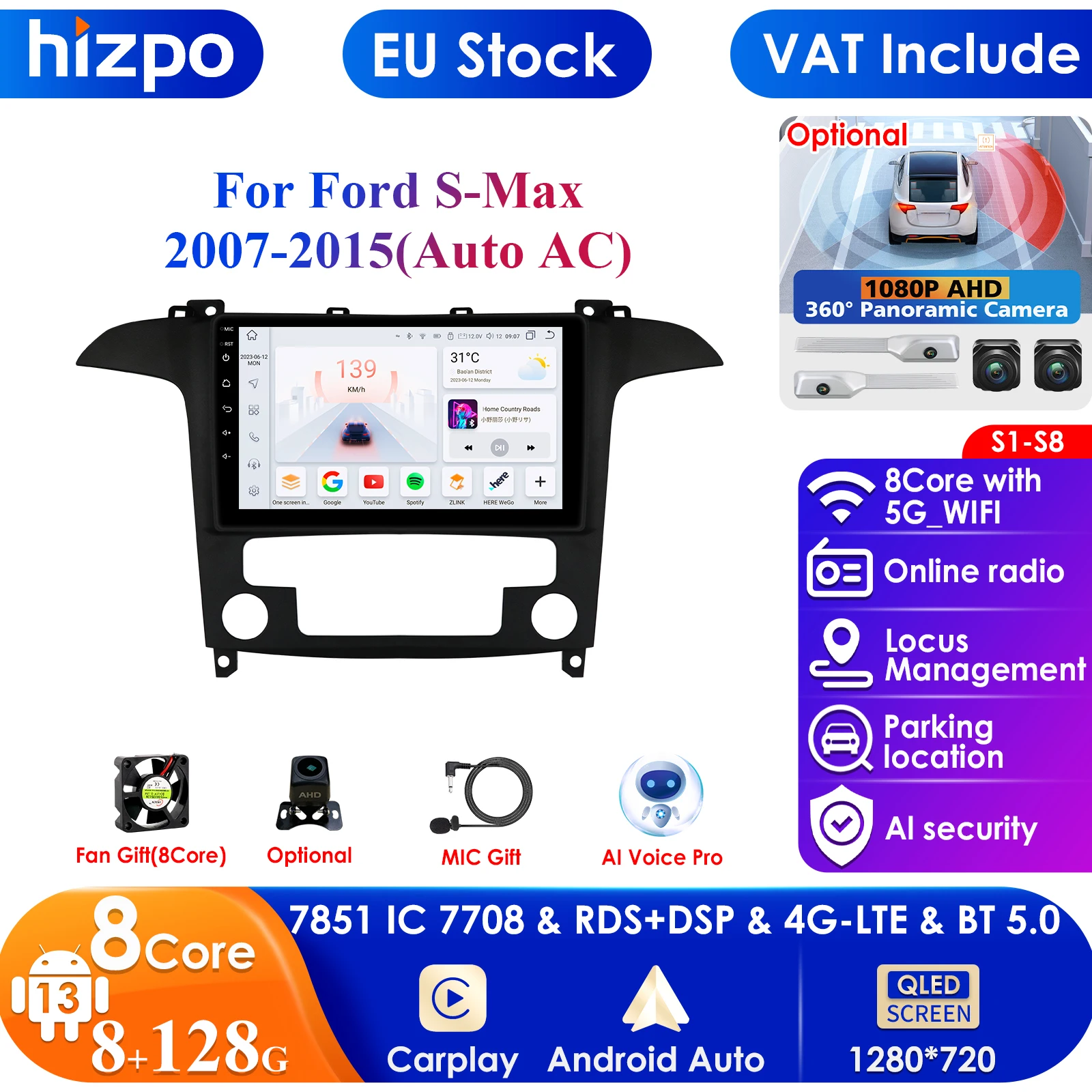 4G-LTE AI 2Din Android for Ford S Max S-MAX 2007-2015 Car Radio Multimedia Video Player Stereo Navigation GPS Carplay Autoradio