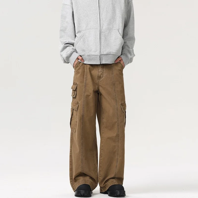 

2026 Vintage New Fashion Men's Loose Casual Simple Basic Trendy Daily Wide Leg Straight Multi Pocket Trousers Male Pants Clothes